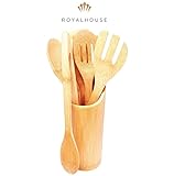 Bamboo Kitchen Utensils Set Of 6 – Cooking & Serving Set Made Of Natural Bamboo With Variety Of Wooden Spatulas, Spoons And Holder