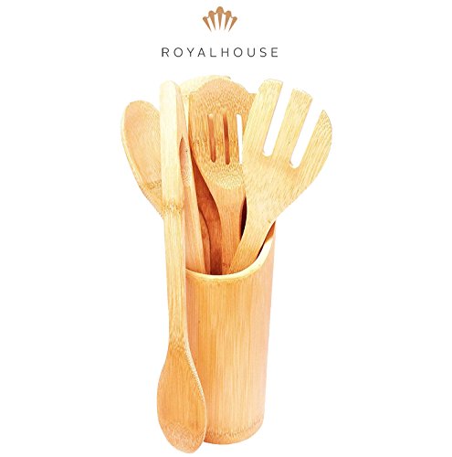 Bamboo Kitchen Utensils Set Of 6 – Cooking & Serving Set Made Of Natural Bamboo With Variety Of Wooden Spatulas, Spoons And Holder