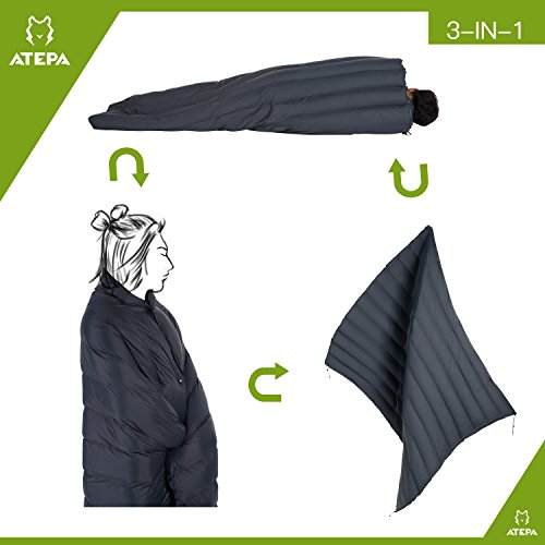 ATEPA Down Camping Blanket, Lightweight Waterproof Outdoor&Indoor Blanket(1.1 lbs), 3-in-1 Wearable Travel Blanket, Cloak, Sleeping Bag,69 × 53 Inches,Black