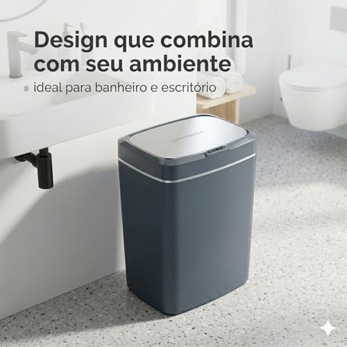 Lixeira Automática com sensor, Lixeira inteligente, inteligente com sensor, grande, 15 litros, Lixeira sem Contato para Sala de Estar, Cozinha, Banheiro, Escritório, Quarto, comerciais, (cinza)