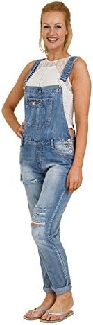 Women's Destroyed Denim Overalls- Stonewash Three-quarter Dungarees