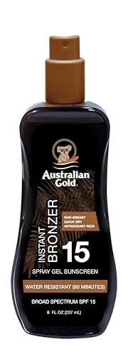 Australian Gold Instant Bronzer Water Resistant Sunscreen Spray Gel SPF 15, 8 Ounce