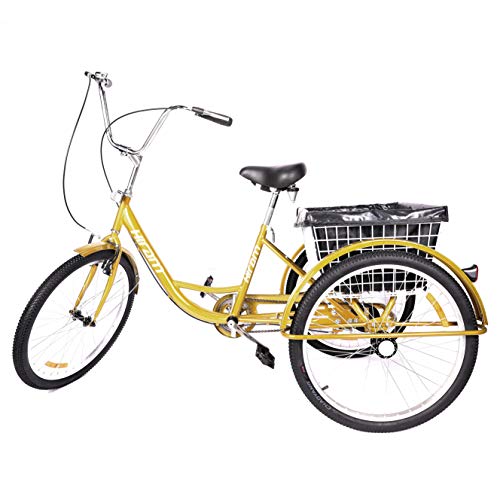 HIRAM Adult Tricycle Trike, 24" Wheels Single Speed Cruise Bike, Three-Wheeled Bicycle with Large Size Basket for Recreation, Shopping, Exercise Men's Women's Bike, Water-Proof Bag and Bicycle Bell