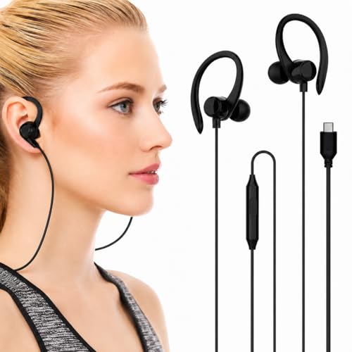 Fone de Ouvido Esportivo com Fio USB Tipo C. Intra-Auricular com Gancho, Microfone Integrado e Controle de Volume – Ideal para Corrida, Academia e Caminhadas (Preto, USB-C)