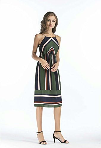 Hawa eye Geometric Dress, Women's Sleeveless Vertical Stripes V Neck Bohemian Sundress Striped Midi Spaghetti Straps Summer Dress Green Large