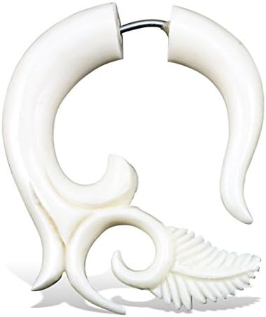 Fake Gauges Earrings Hand Carved Bone Leaf Tip Curls Small