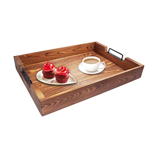 Rustic Large Tray with Handles 20-Inch, Wooden Serving Trays, Distressed Torched Wood Tray, Farmhouse Wood Butler Platters for Serve Breakfast, Appetizer, Coffee, Bar, Food, Party