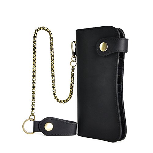 Le'aokuu Mens Genuine Leather Bifold Wallet Organizer Checkbook Iron Chain (The Black)