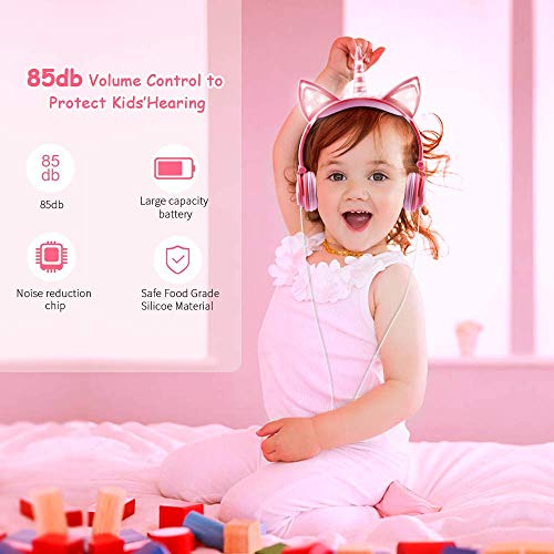 LOBKIN Cuffie unicorno per bambini/ragazze, orecchie di gatto luminose con LED, cuffie cablate regolabili con volume 85dB per tablet/giocattoli/PC/TV/telefono (rosa)