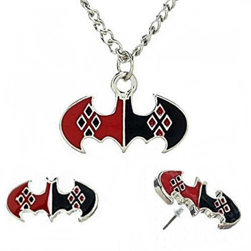 HARLEY QUINN Pattern on Batman Symbol PENDANT & EARRING SET