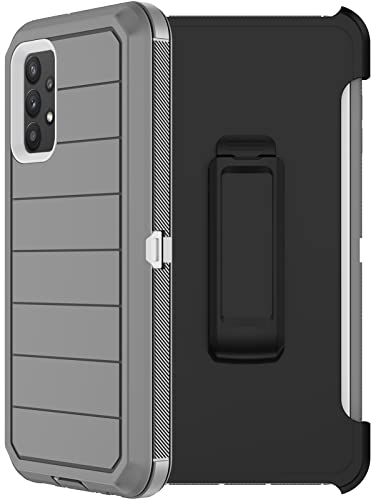for Samsung Galaxy A32 5G Case with Belt Clip Holster, 2 Screen Protector, Heavy Duty Military Grade Full Body Shockproof Dust-Proof Rugged Protective Cover for Samsung A32 5G (Gray White B)