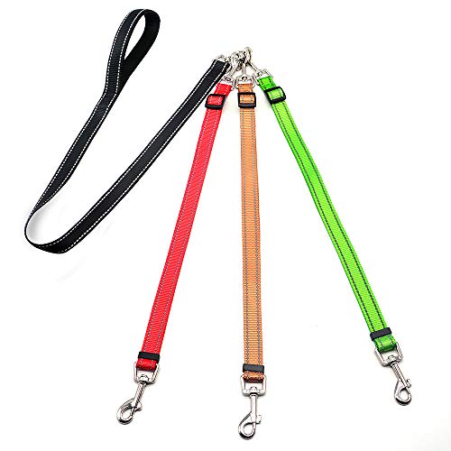 Wellbro 3 in 1 Durable Nylon Dog Leash with Padded Handle, Three- Way Pet Leash with a Coupler, Adjustable and Detachable, Lead for Small, Medium Dogs (Multi-Color Reflective)