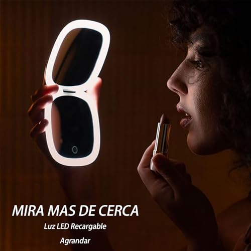 JDFNVFK Espejo de Bolsillo con Luz LED, con Aumento 1X/10X, Anillo de Luz de Doble Cara y 3 Modos, Espejo de Mano Recargable Portatil, Espejo Pequeño con Luz para Maquillaje