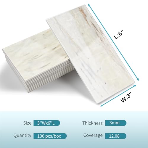 Vamos Tile 100-Piece Glossy Wooden White Peel and Stick Backsplash Tile,3''x6'' PVC Subway Tile with White Grout, Stick on Backsplash for Kitchen/Bathroom/Fireplace