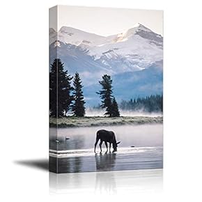 Cow Drinks Water Background with Mountain