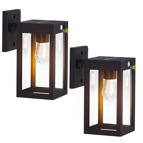MDENLT 2 Pack Solar Porch Lights Outdoor,Solar Wall Lights with 3 Modes&Motion Sensor,Dusk to Dawn Sconce Lights Wall Mount,Exterior Wall Lantern Light Fixture for House,Garage,Patio,Shed,Black