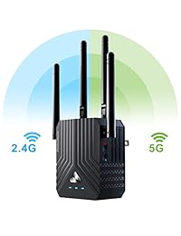 Prescitech Extensor de rango WiFi, AC1200 Dual Band Mini Repetidor WiFi, WiFi Signal Booster, Wireless Access Point with 4 Ethernet Antenas, Extensión WiFi a todo el hogar y jardín