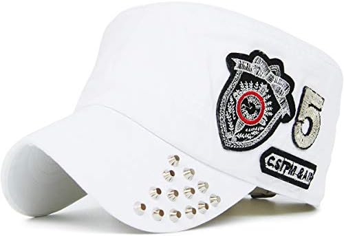 Rayna Fashion Men Women Soft Washed Cotton Adjustable Flat Top Military Army Hat Cadet Cap Zip Studs Embroidery Patch
