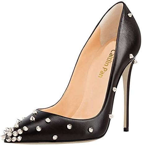 Caitlin Pan Womens Stylish Round Toe High Heel Slip On Pumps Rivet Studded Stiletto Dress Court Shoes 120MM