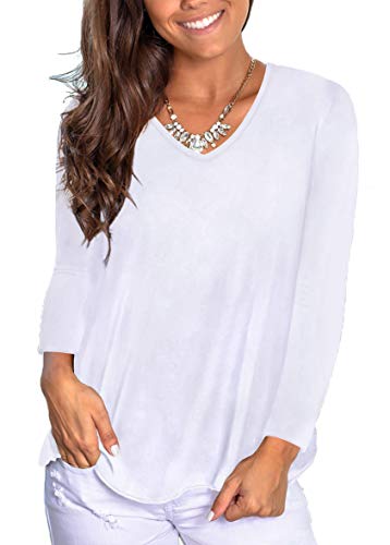 White Long Sleeve T Shirts Women V-Neck Autumn Clothes Dressy Tops Loose Fitted S