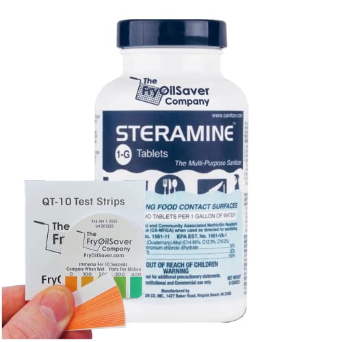 Steramine Sanitizer Tablet w/ 15x QT-10 Test Strips, Multi Purpose Sanitizing Tablet for Food Contact Surface, Kitchen, Restaurant, Steramine Sanitizer Tab for Food Service by FryOilSaver(150 Tablets)