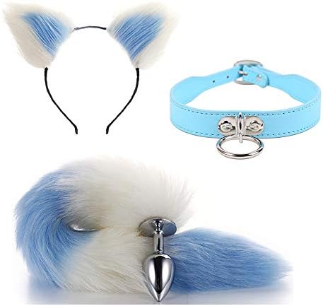 Cat Ear Headband Adjustable PU Leather Choker with Metal O-Ring Fox Tail B-ütt an-âl Pl-ùg T-ö-ys