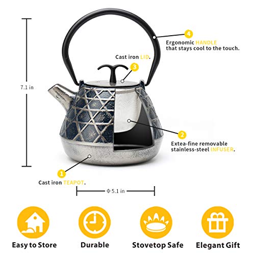 Tea Kettle, Toptier Japanese Tetsubin Cast Iron Teapot with Infuser for Loose Tea, Tea Kettle Stovetop Safe, 34 Ounce (1000 ml), Navy Metal - Thumbnail 3