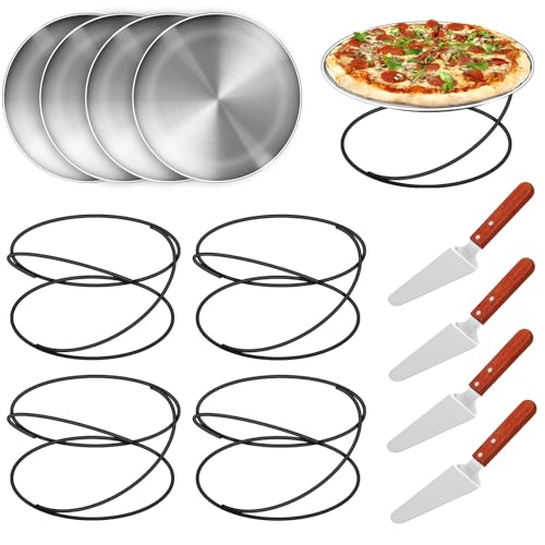 Affbei 12 Pcs Pizza Pan Riser Stands Pizza Spatula Sets Includes 4 Metal Pizza Table Stands 4 Pizza Pan and 4 Wood Handle Pie Server, Pizza Rack Stand Pizza Tray for Oven Pizza Dessert Cheese Baking