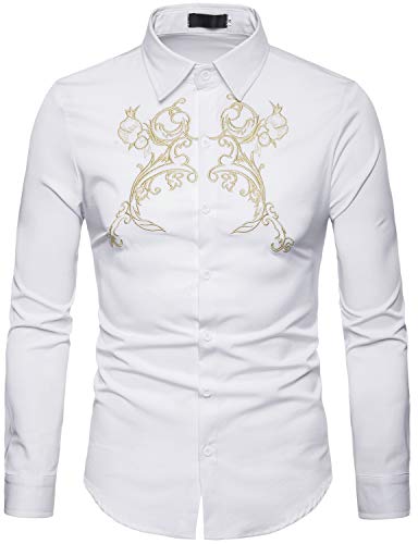 ZEROYAA Mens Hipster Golden Floral Embroidery Slim Fit Long Sleeve Button Down Shirts ZHCL11 White Large