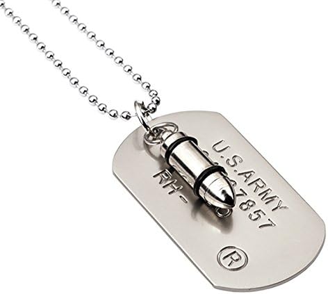 MTFS Men's Womens Biker Alloy Bullet Army Dog Tag Pendant Necklace, 27.5 inch Chain (Silver)