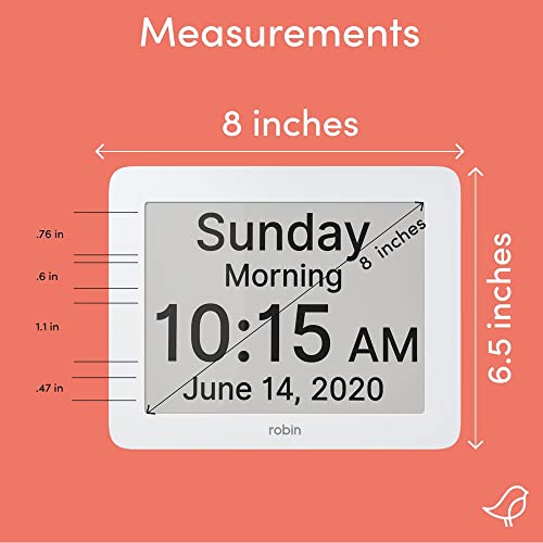 Robin Clock with Day and Date for Elderly, Clocks for Seniors, Dementia Clock, Digital Calendar