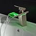 Sprinkle® Stylish Single Handle Nickel Brushed LED Waterfall Bathroom Sink Faucet LED Colors Changing Tap Temperature Control Light