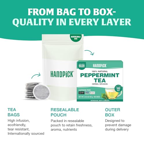 HANDPICK, Peppermint Tea Bags (100 Herbal Tea Bags) Caffeine Free, Non-GMO | 100% Halal Certified | Minty, Fresh & Cool flavor | Premium Round Eco Conscious Tea Bags