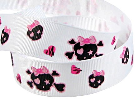 HipGirl Printed Grosgrain Skull with Bow Ribbon, 5-Yard 7/8-Inch, White