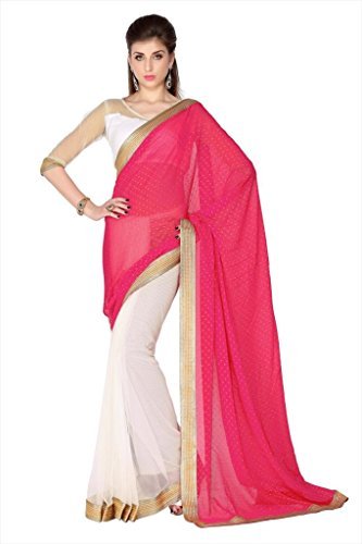Designersareez Women's Viscose Jaquard & Net Saree Free Size Pink & White