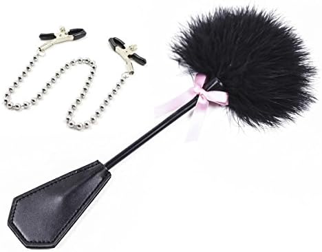 2 in 1 Exquisite Ostrich Feather Tickler Whip Leather Slapper Spanking Paddle with Clothes Dress Accessories Dress Clips, Sweater Clip, Collar Clip, Cardigan Clip, Brooch, Silver Beads Beaded Chain