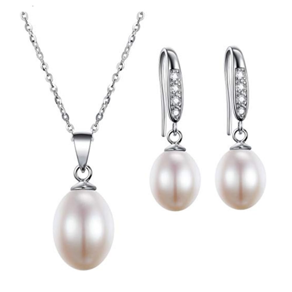 Treasure Bay Women's Pearl Jewellery Set - 925 Silver AA Grade 8-9mm Pearl Necklace Dangle Drop Earrings for Women Ladies Girls Bridal Jewellery (WHITE)