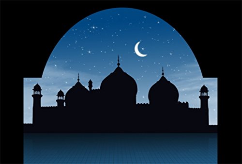 AOFOTO 5x3ft Mosque Silhouette in Night Sky Backdrop Islamic Crescent Moon Stars Photography Background Muslim Allah Culture Eid Holiday Magic Wish Mysterious Desert Arabian Nights Fairy Tale Props