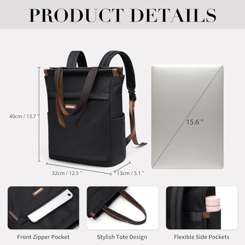 GOLF SUPAGS Convertible Laptop Bag, Laptop Backpack for Women, 15.6 Inch Laptop Casual Travel Bag for School, Travel, Work (Black)