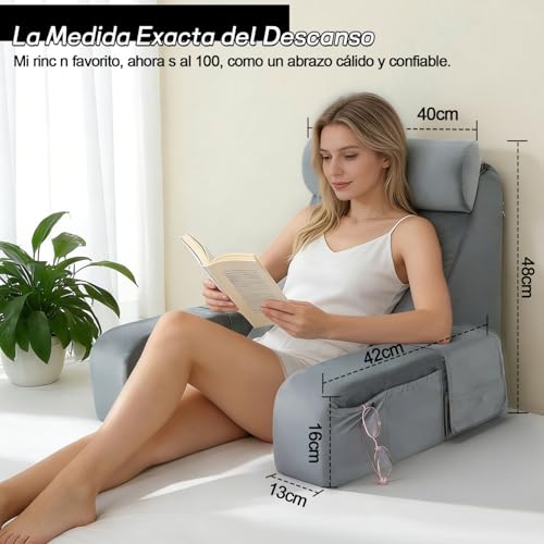Almohada para espalda con reposabrazos y bolsillos para sentarse en cama, respaldo para cama, almohada de lectura, descanso, jugar, relajarse o ver la televisión para adultos, 48cm*40cm*48cm (gris)