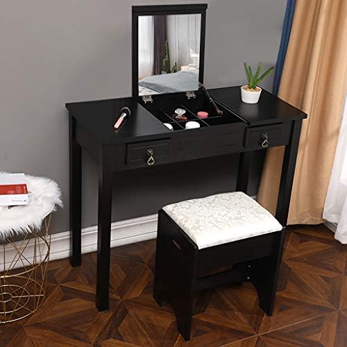 Vanity Table with Flip Top Mirror Makeup Dressing Table Writing Desk with Cushioning Makeup Stool Set, 2 Drawers 3 Removable Organizers Easy Assembly by Ketteb (35.4" L x 15.8" W x 29.5" H, Black)