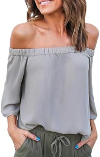 Kangma Tees&Blouse&Sweatshirt Kangma Women Chiffon Off Shoulder Long Sleeve Casual Loose Tops Shirt Blouse Gray
