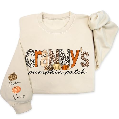Custom Granny Pumpkin Patch Sweatshirt, Personalized Fall Grandma Pullover with Kids Names, Autumn Pumpkin Sweater, Gift for Granny, Thanksgiving Family Outfit, Cozy Seasonal Crewneck for Women at Amazon