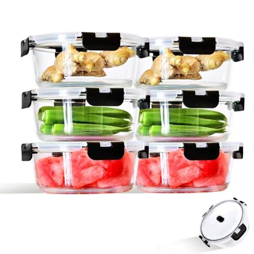 ERUIV Glasbehälter Mit Deckel, (6er) Meal Prep Boxen Glas-950ml, Runder Mikrowellengeschirr Glas Mit Deckel, Luftdicht Vorratsdosen Glas Mit Deckel, A