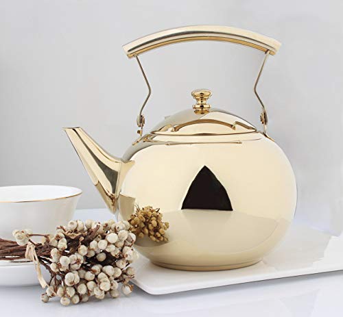 OMGard Gold Tea Pot with Infuser Loose Tea Leaf Filter 2 Liter Stainless Steel Teapot Coffee Water Small Kettle Strainer Set Warmer Teakettle for Stovetop Induction Stove Top 2.1 Quart / 68 Ounce - Thumbnail 4