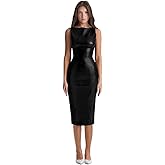 XLLAIS Sleeveless PU Sheath Dress Faux Leather Bodycon Midi Pencil Dress