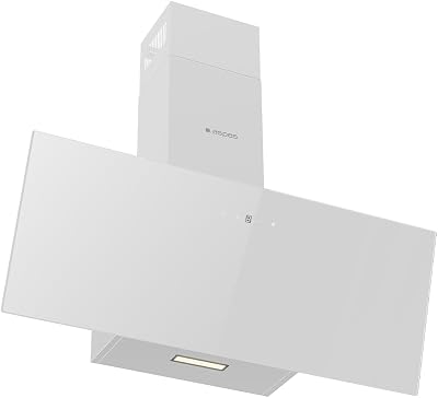 Hotte d’extraction décorative inclinée 90 cm, verre blanc, ACPD901AIN. Puissance 370m3/h, 3 vitesses, 2 filtres, niveau de bruit de 59 dB, contrôle tactile, compatible avec le lave-vaisselle