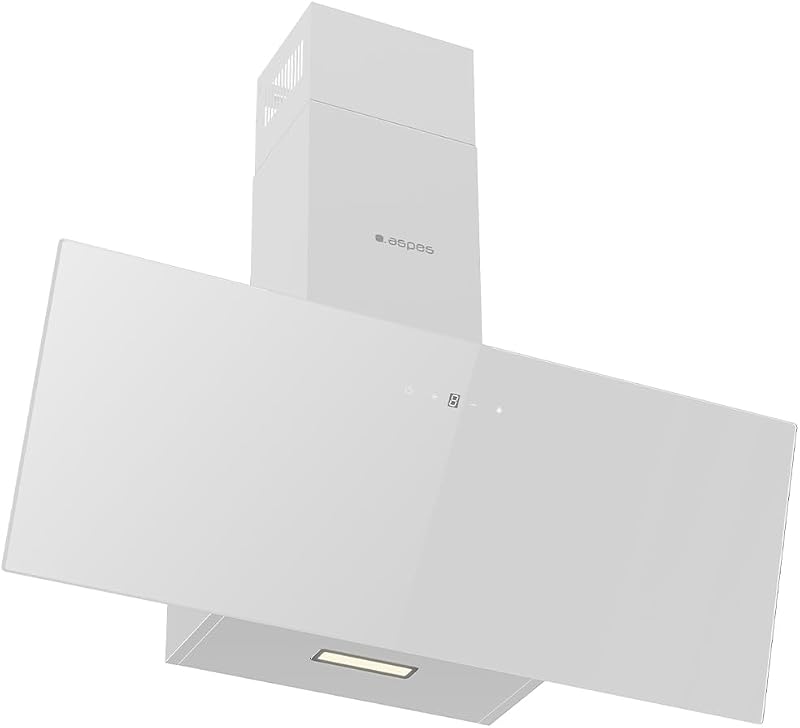 Hotte d’extraction décorative inclinée 90 cm, verre blanc, ACPD901AIN. Puissance 370m3/h, 3 vitesses, 2 filtres, niveau de bruit de 59 dB, contrôle tactile, compatible avec le lave-vaisselle