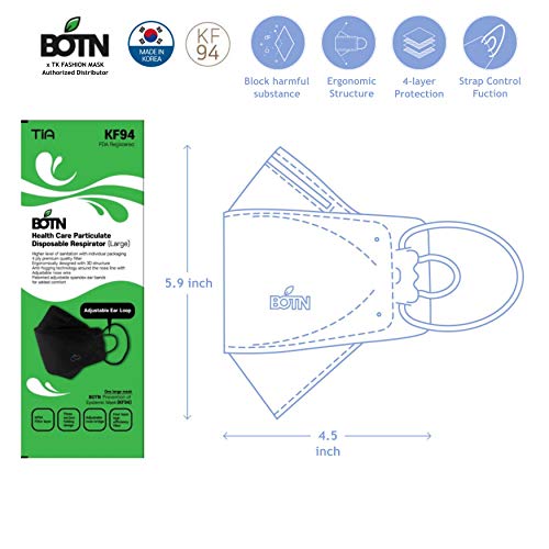 (Pack of 10) BOTN Black KF94 Face Adult Mask Made in Korea, Disposable