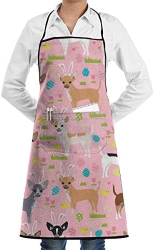 QIAOJIE Easter Egg Chihuahua Dogs Adjustable Cooking Kitchen Bib Apron with Pockets for Women Men Chef